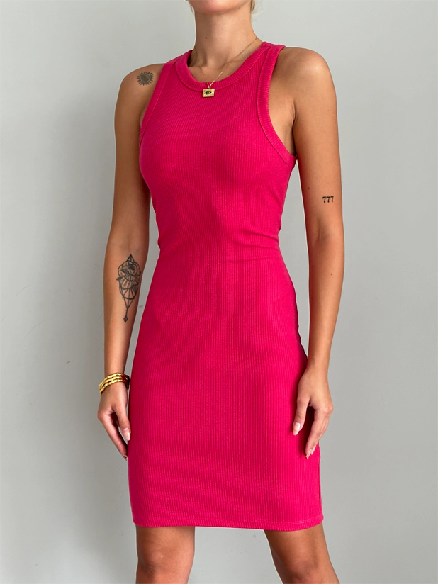 Halter Yaka Fitilli Elbise Fuşya - Fuşya