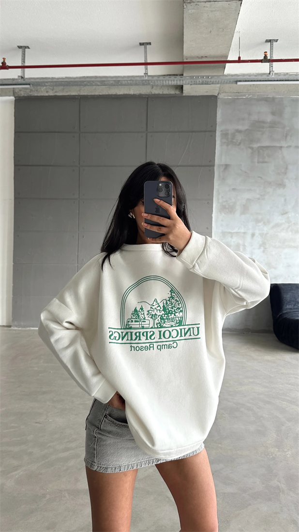 Unicoi Springs Üç İplik Oversize Sweat Beyaz - Beyaz