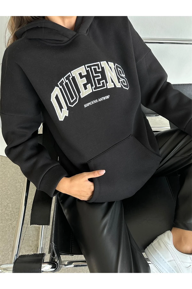 Queens Üç İplik Kapüşonlu Oversize Sweat Siyah - Siyah