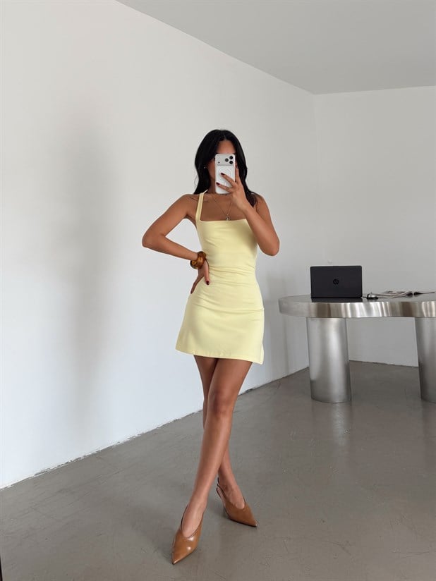 Halter Yaka Mini Elbise - Sarı