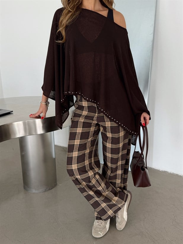 Altı Zımbalı Yarasa Bluz - Kahve