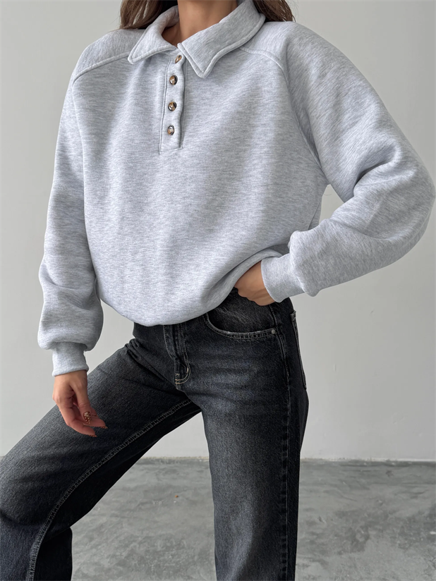 Polo Yaka Düğmeli Sweatshirt - Gri