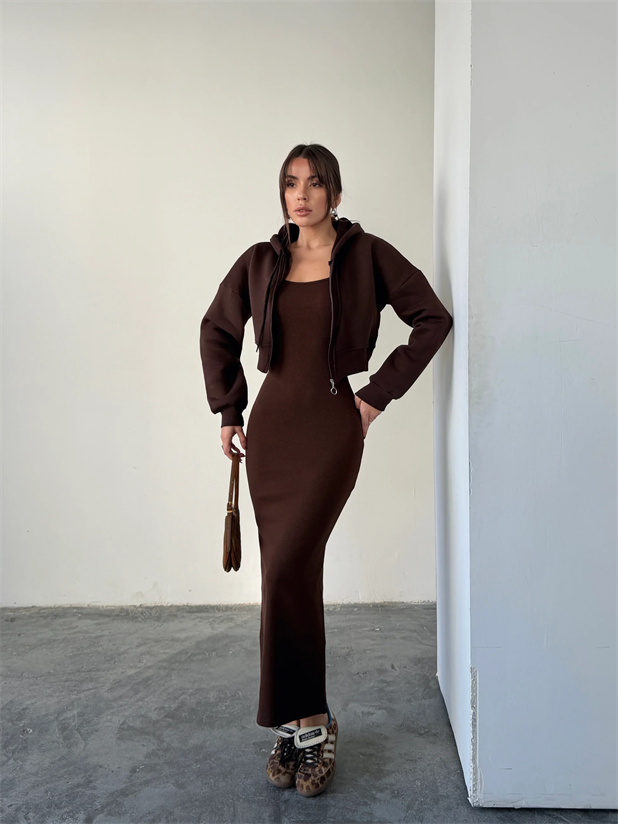 Fermuarlı Sweat Elbise Takım  - Kahve