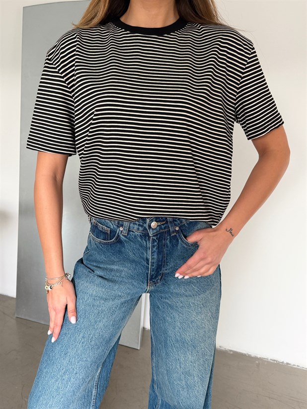 Çizgili Kısa Kol Basic - Siyah