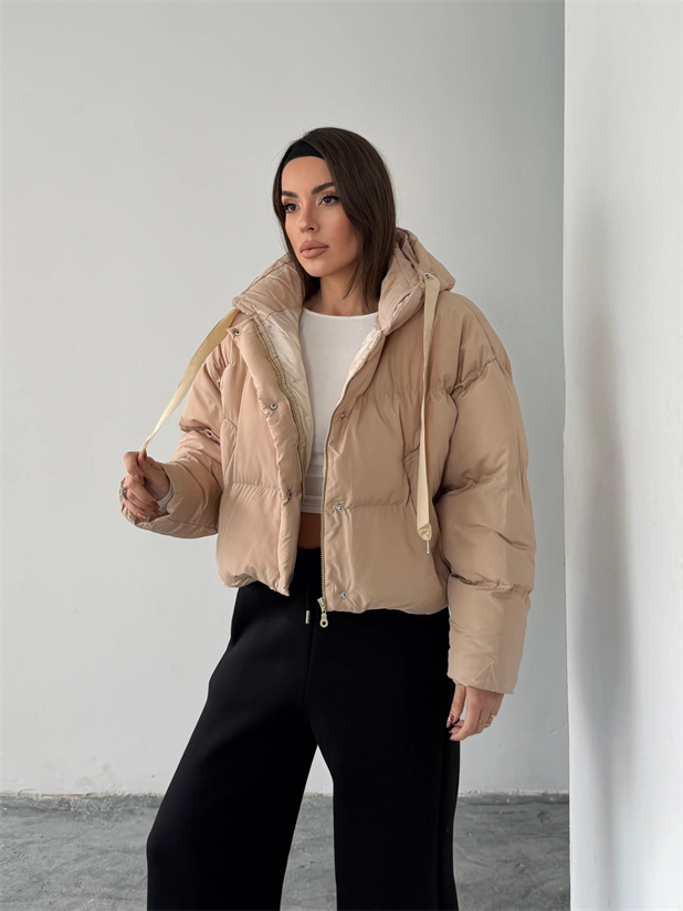 Oversize Kapüşonlu Şişme Mont - Taş