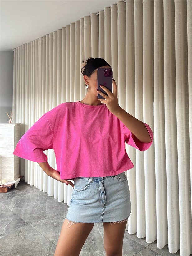 Yıkamalı Düz Crop Basic - Pembe