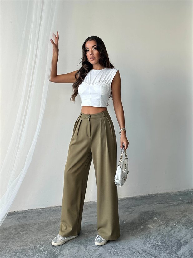 Üç Pile Palazzo Pantolon - Haki