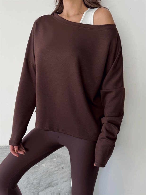 Düşük Omuz Atletli Bluz - Kahve