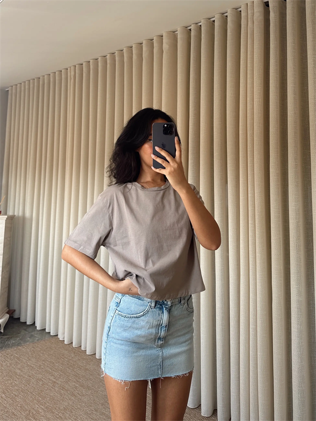Düz Kısa Kol Crop Basic - Vizon
