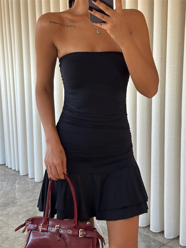 Scuba Kumaş Alt Fırfır Straplez Elbise - Siyah