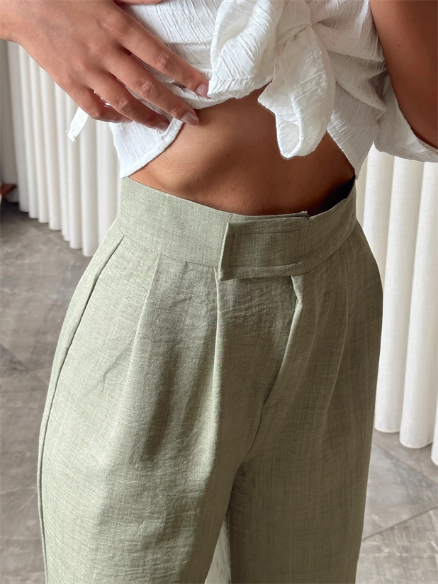 Cırtlı Keten Palazzo  - Haki Yeşil