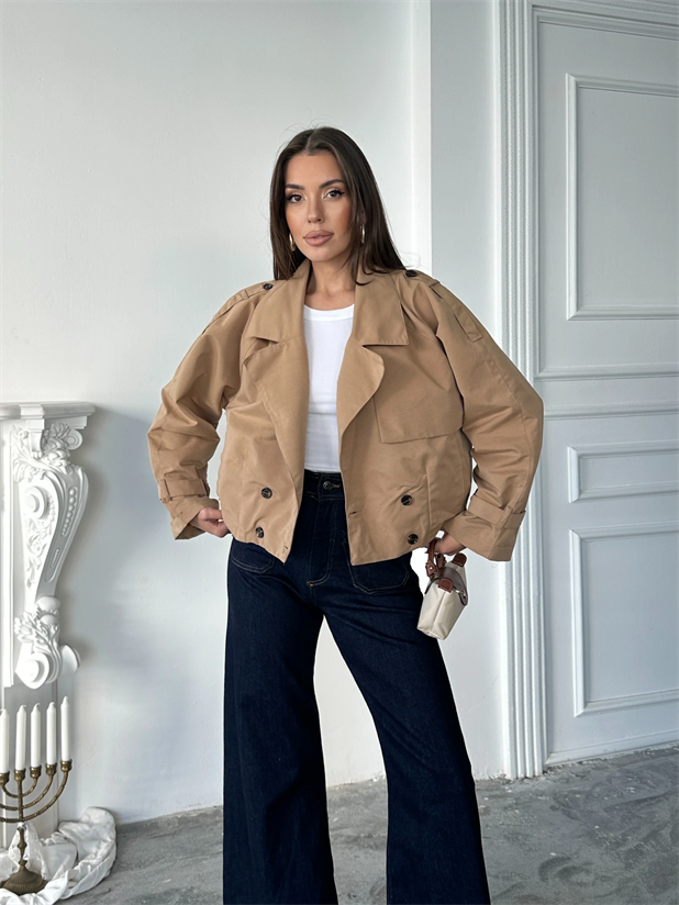 Dört Düğmeli Crop Trençkot - Camel