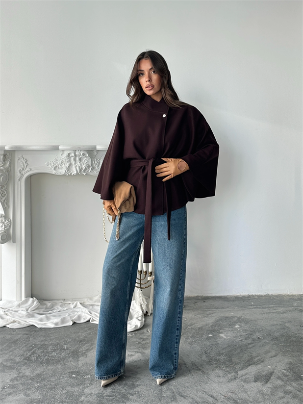 Kaşe Kuşaklı Pelerin Kaban - Kahve