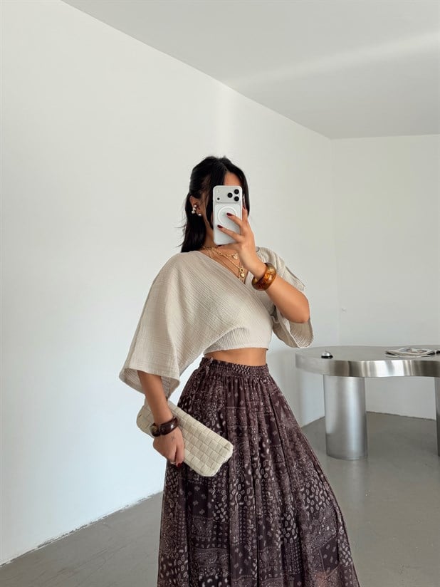 Bağlamalı Müslin Kimono Bluz - Taş