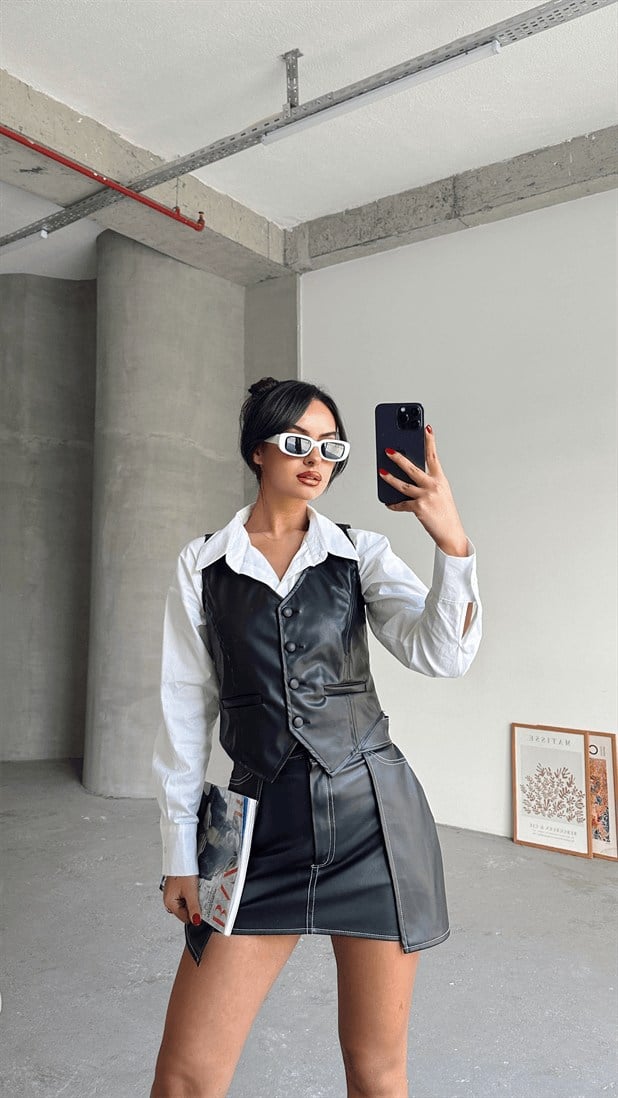 Deri Yelek Siyah - Siyah