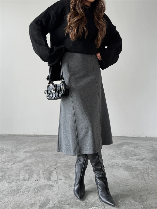 Yanları Çımalı Midi Etek - Antrasit