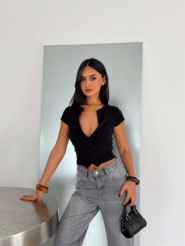 Full Düğmeli Fitilli Basic Bluz - Siyah