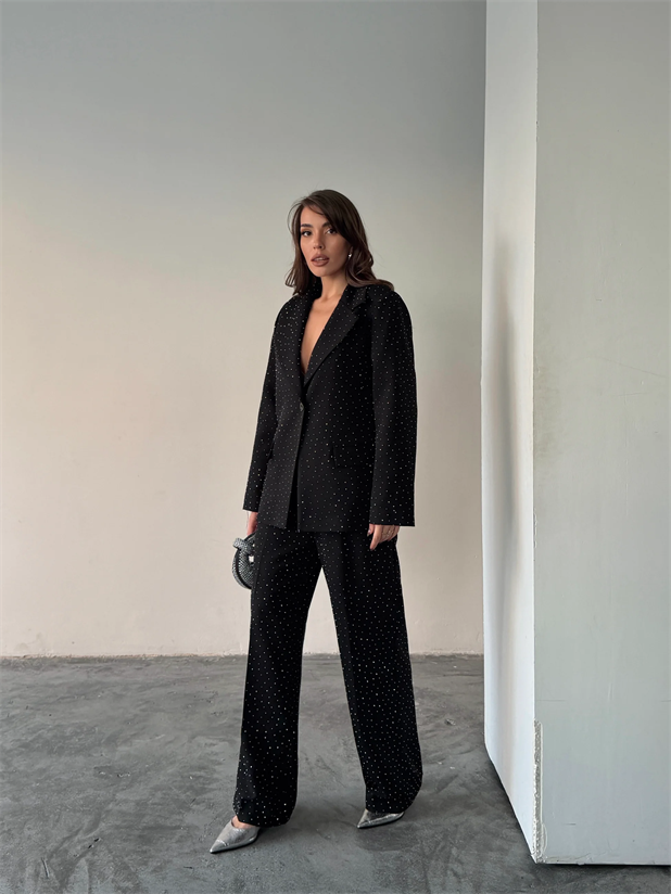 Premium Taş Detaylı Ceket Pantolon Takım  - Siyah