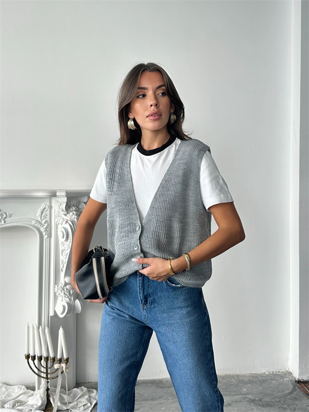 Dört Düğme Selanik Yelek - Gri