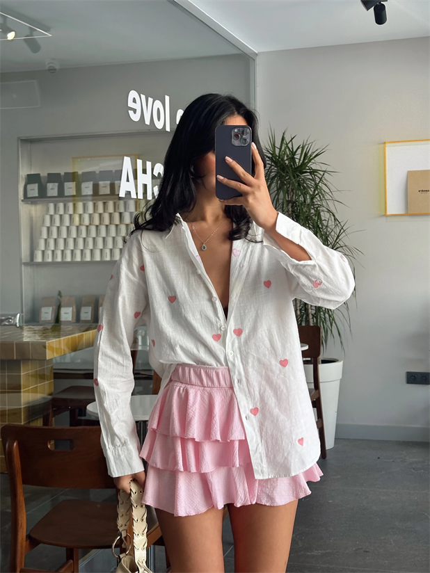 Kalp Nakışlı Gömlek - Pembe