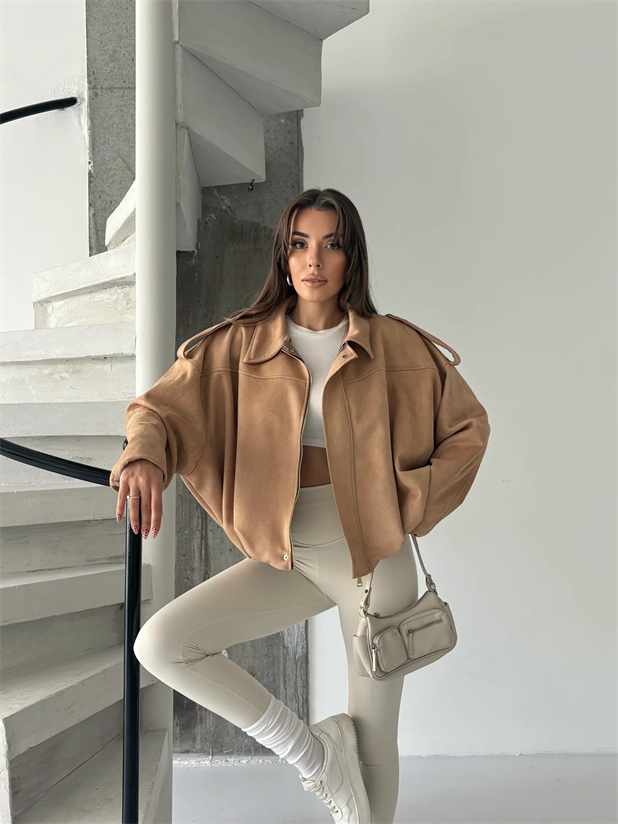 Bomber Süet Ceket - Vizon