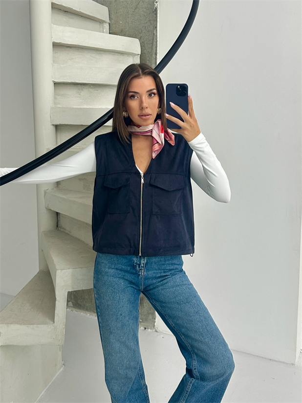 Cep Detay Nubuk Yelek - Lacivert