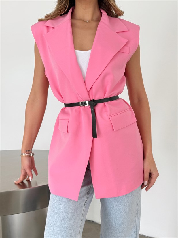 Deri Kemerli Yelek - Pembe