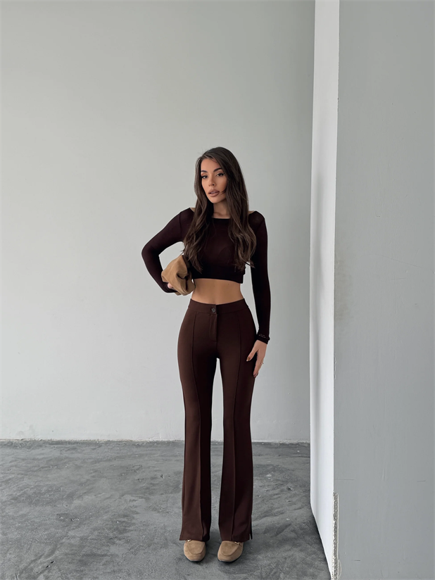 Çimalı Yırtmaç Pantolon  - Kahve