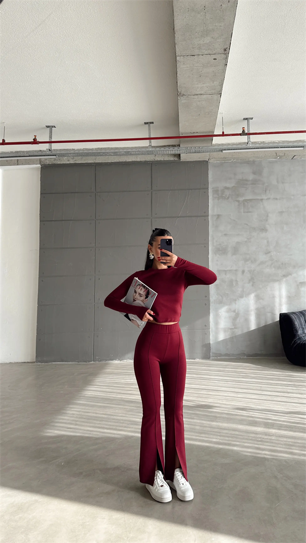 Paça Yırtmaçlı Oysh Takım - Bordo