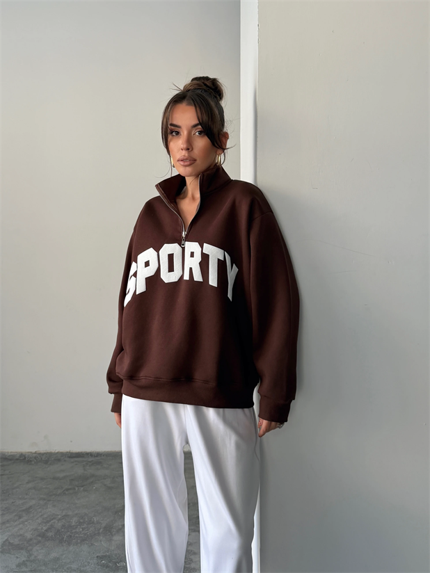 Sporty Yarım Fermuar Sweat - Kahve