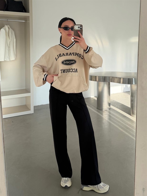 Çımalı Bol Paça Eşofman - Siyah