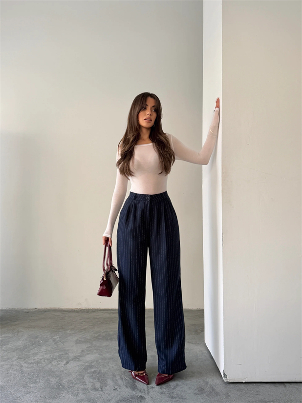 Yünefekt Çizgili Palazzo - Lacivert