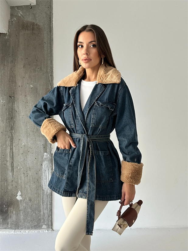 Yakası Kürklü Denim Ceket - Lacivert