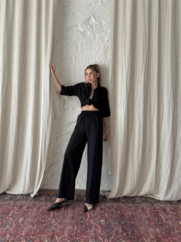 Belina Keten Bel Detay Pantolon Siyah - Siyah