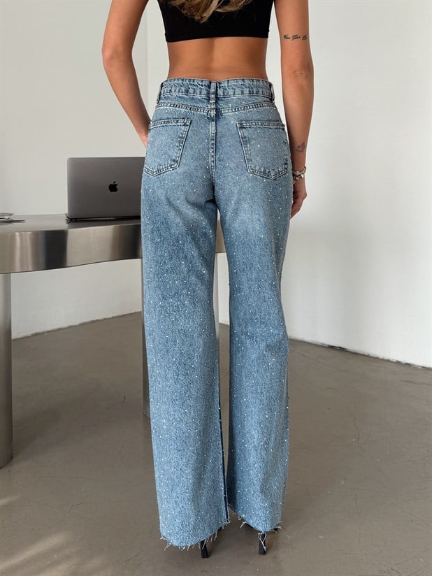 Premium Parlak Taş Detaylı Jean  - Açık Mavi