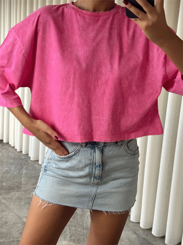 Yıkamalı Düz Crop Basic - Pembe