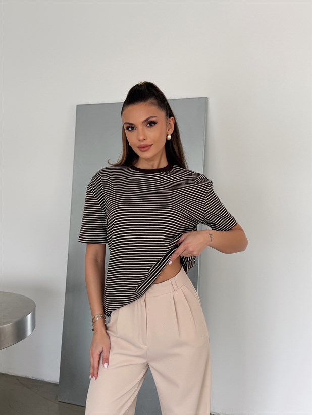 Çizgili Kısa Kol Basic - Kahve