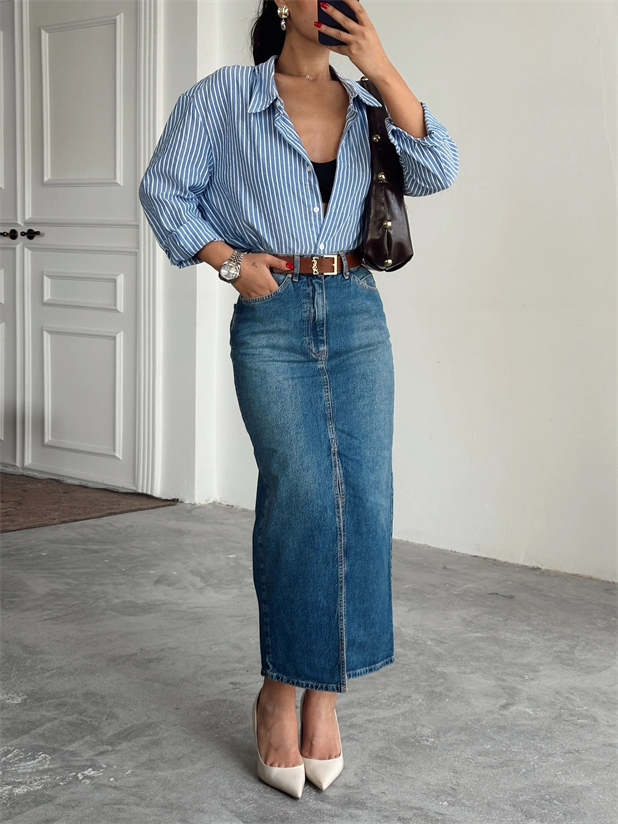 Uzun Ön Yırtmaç Denim Etek - Mavi