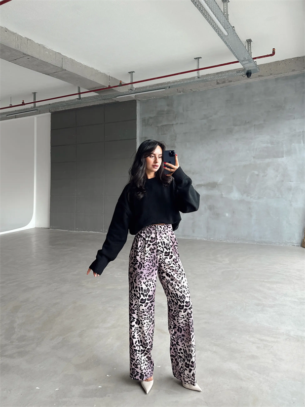 Animal Desen Palazzo Pantolon - Pembe Leopar