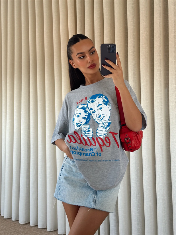 Tequila Baskılı Tshirt Gri - Gri