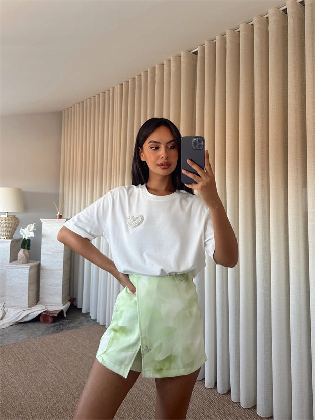 Çiçek Baskılı Mini Şort Etek - Mint