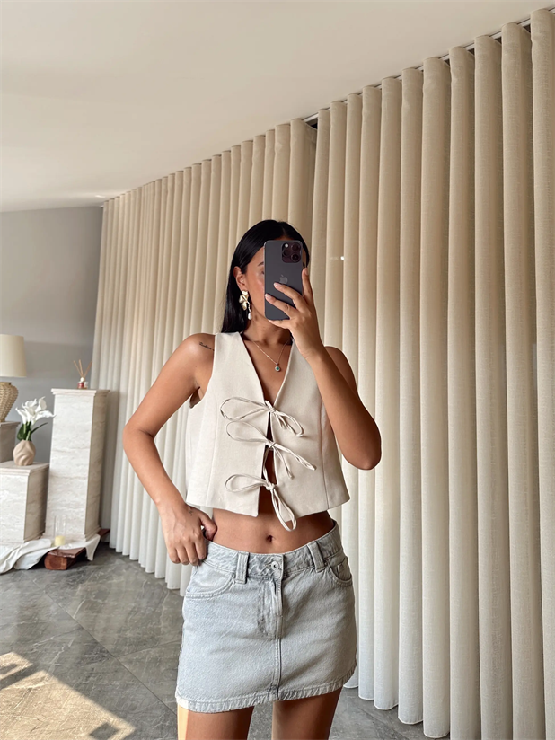 Keten Bağcıklı Yelek  - Taş