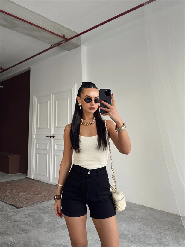 Çift Cep Detay Kot Şort Siyah - Siyah