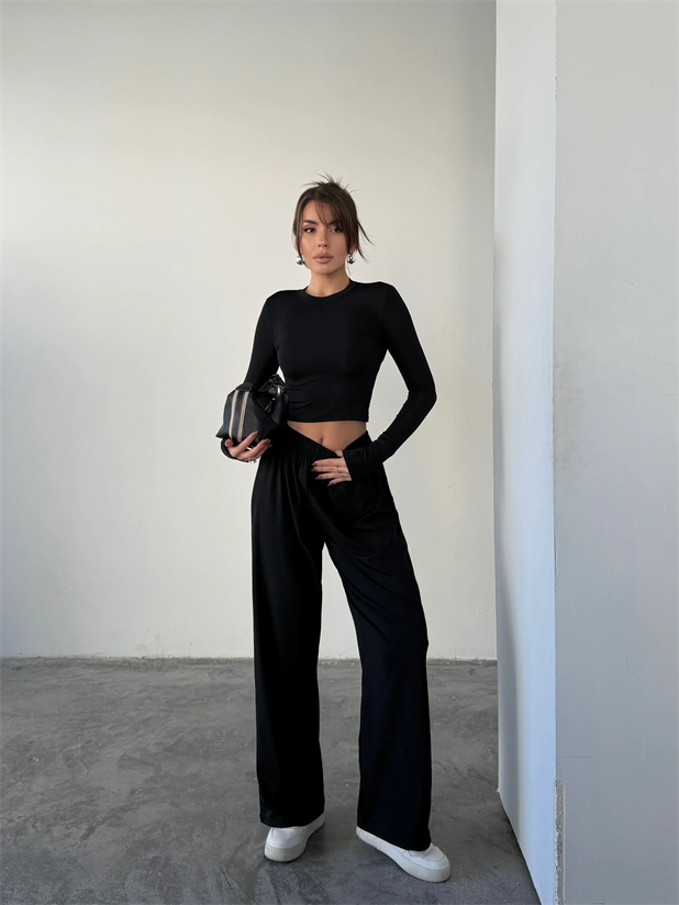 Uzun Kol Bisiklet Yaka Takım  - Siyah