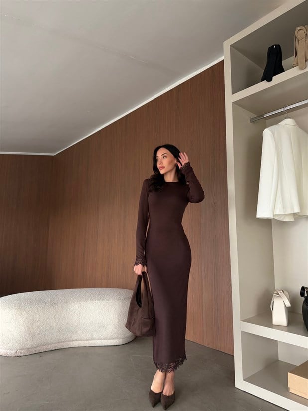 Dantel Detaylı Maxi Elbise - Kahve