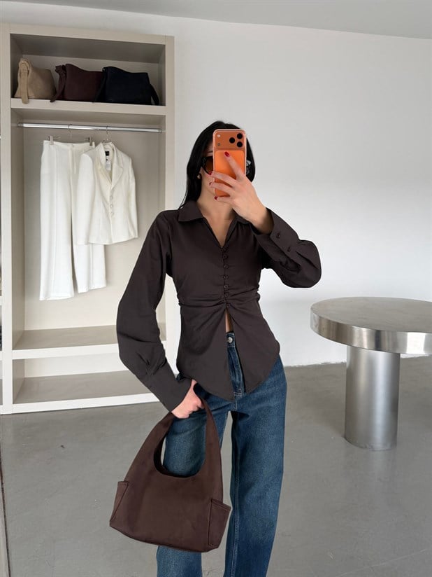 Önü Büzgülü Gömlek - Kahve