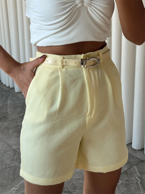 Keten Tek Pile Kemerli Şort - Sarı