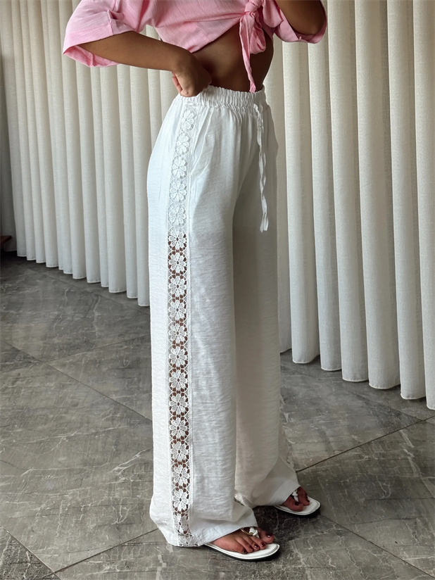 Dantel Detay Keten Pantolon   - Beyaz