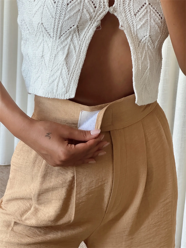 Cırtlı Keten Şort - Vizon