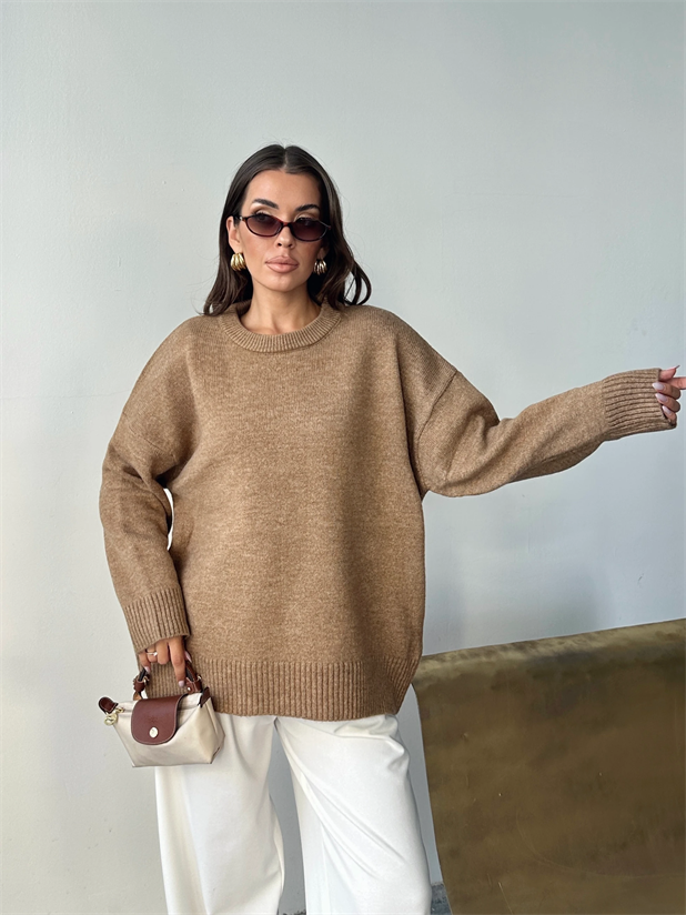 Yıkamalı Şardonlu Triko Kazak - Vizon